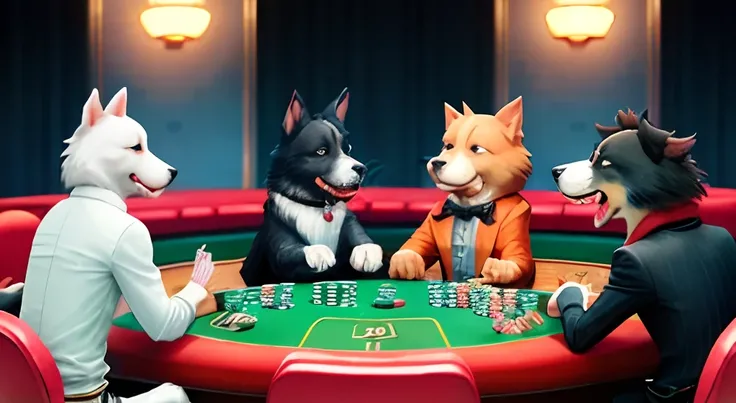 There are three dogs and a dog sitting at the poker table, Dogs play poker, Play poker, poggers, , Cats play poker,  card game, hyper realisitc, everyone having fun, Ultra photo realsisim, card game illustration, gameplay still, Game illustration,  Anthrop...