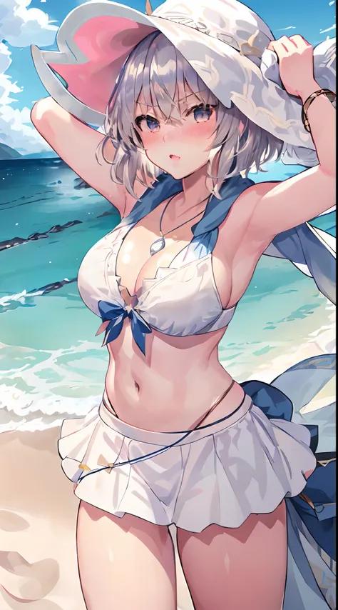 masterpiece, best quality, full body, 1 solo girl, silver hair, yellow eyes, short hair wavy, medium breasts, mature body and face, white bikini, blue scarf, blue mini skirt, bracelet, pendant, lay at the white sand, ball, beach, angry, red blush, cowboy s...