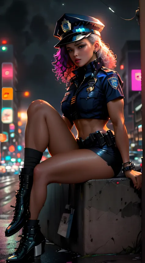 beautiful woman 1female with curly hair style in a police cap, short police clothes in the style of cyberpunk police, tanned:2 s...