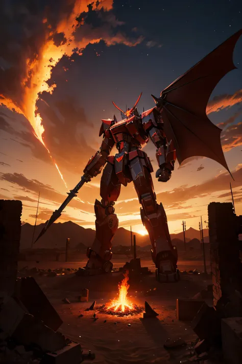 A large red mecha with black bat wings standing in a desert at night over the ruins of a flaming village