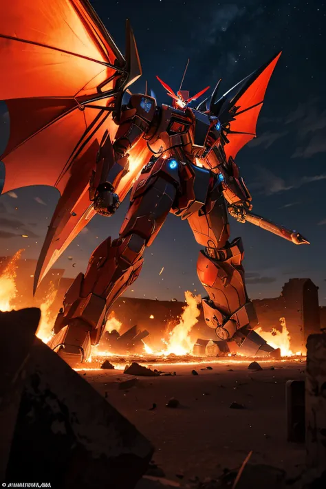 A large red mecha with black bat wings standing in a desert at night over the ruins of a flaming village