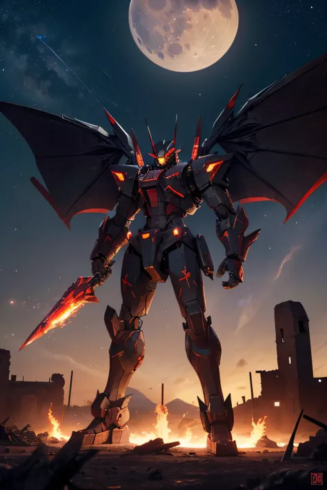 A large red mecha with black bat wings standing in a desert at night over the ruins of a flaming village.  The mecha has large black claws on its hands for weapons.  The claws extend from the fingers.  The moon is visible in the distant sky.  lots of stars...