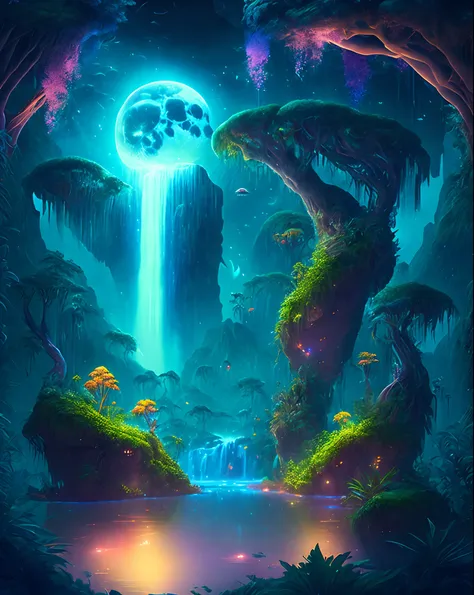 an enchanting fantasy jungle under a moonlit sky, massive floating islands covered in lush vegetation, cascading waterfalls, and...