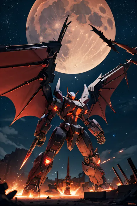 A large red mecha with black bat wings standing in a desert at night over the ruins of a flaming village.  The mecha has large black claws on its hands for weapons.  The claws extend from the fingers.  The moon is visible in the distant sky.  lots of stars...