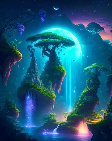 an enchanting fantasy jungle under a moonlit sky, massive floating islands covered in lush vegetation, cascading waterfalls, and...