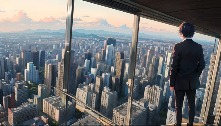 A man standing on top of the building, back view, top view, tokyo City, morning time, close view,