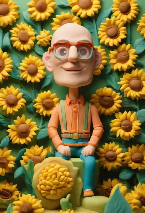 men portrait, the garden is full of sunflowers, clay material, cartoonish design style, pop mart, soft lighting, smooth lines, tilt-shift lenses, detailed science fiction illustrations, hyper-realistic details, warm color