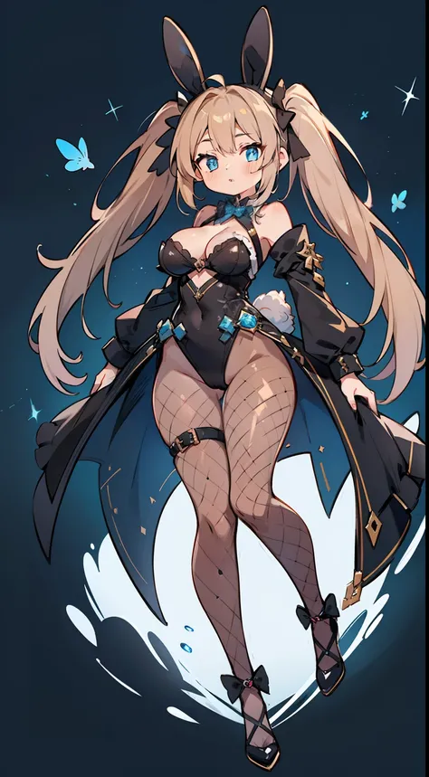 1girl in, fullllbody, Character Design, light brown thin twin tails,,, Blue eyes, Black Bunny Girl Suit, large full breasts, fishnet tights, High quality, Wide Shot, Detailed background of Magic Cafe