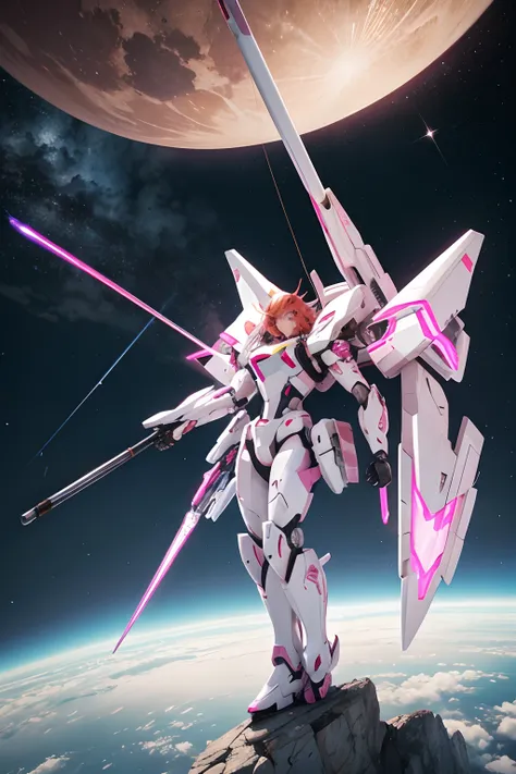 A white and pink mecha using a rod as a weapon flying through the atmosphere with a redheaded teenager standing on the shoulder