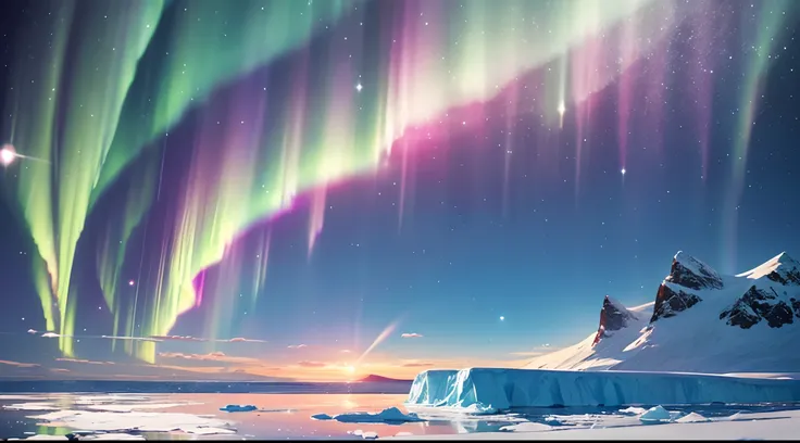 Makoto Shinkai Anime style art, A Rainbow Aurora in Antartica sky