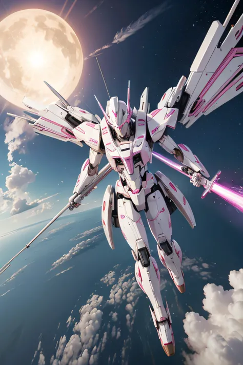 A white and pink mecha using a rod as a weapon flying through the atmosphere