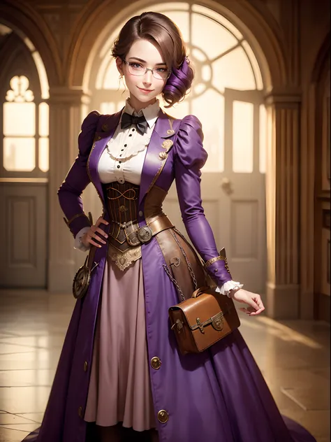 Steampunk, vintage, short purple gown, 20 year old woman,monocle,smiling, school, standing, wearing glasses, cutout