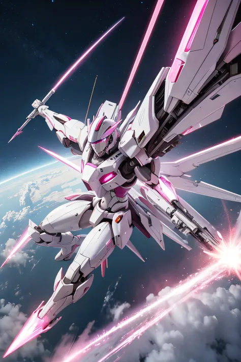 A white and pink mecha using a rod as a weapon flying through the atmosphere