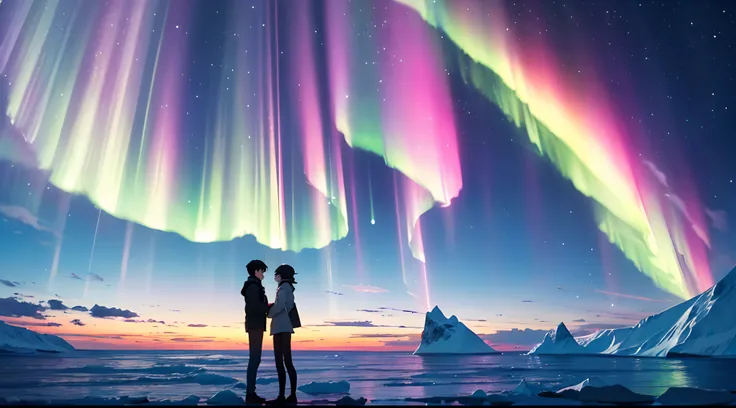 Makoto Shinkai Anime style art, A Rainbow Aurora in Antartica sky