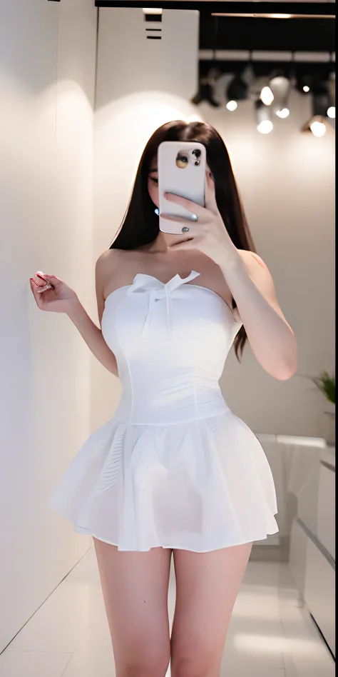 There was a woman taking a selfie wearing a white dress, Bandeau Dress, Strapless dress, opened dress, White dress, is wearing  dress, height of 165cm, bowknot, pretty white dress, light half opened dress, wears a white dress, dress, elegant corset, trendy...