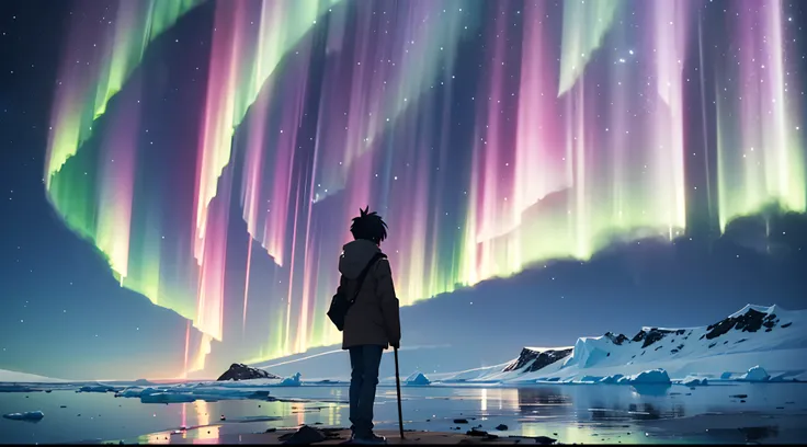 Makoto Shinkai Anime style art, A Rainbow Aurora in Antartica sky