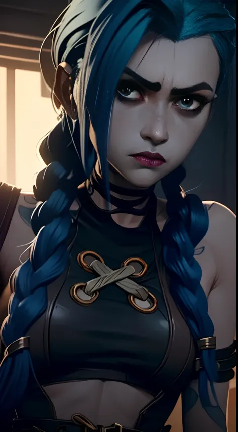 jinx's character design, crying, hot pink tears, screams, closeup face, explosions in the background, beautiful breasts, sexy, a...