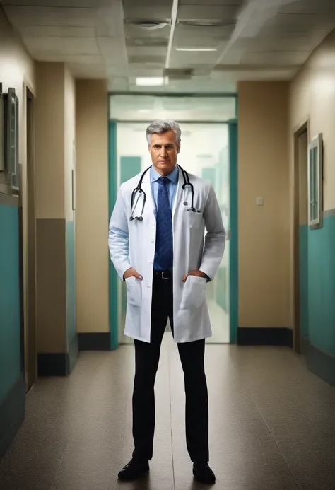 fotorrealista, high resolution, Realistic image of a doctor, de jaleco cor branco, charismatic, de cabelos solto e branco, de corpo inteiro, Looking at the camera, fundo de clinica de hospital