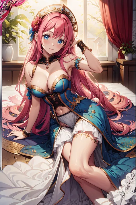 highest  quality，a beauty girl，Enchanted，divino，having fun，(Light Victorian dress)，Pink hair，eBlue eyes，(Fabric headdress)，super ultra detail，Ruffles，Lace，Multi-colored cloth，Embroidery，Pattern，decor，(exquisite costumes)，see-through transparent clothes，Bed...