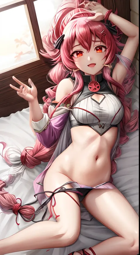 Mitsuri Kanroji From Demon Slayer ((naked))(()) lying on the bed, having a sex,pink and curly long hairstyle,