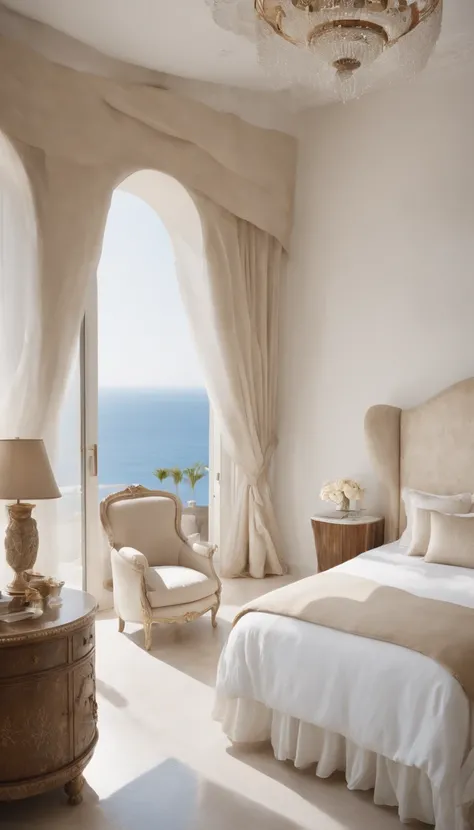 An opulent, dreamy bedroom designed in the Hollywood Regency style, featuring glamorous decor and a plush, king-sized bed. The room overlooks a private infinity pool that seems to blend seamlessly with the endless azure of the Mediterranean Sea.