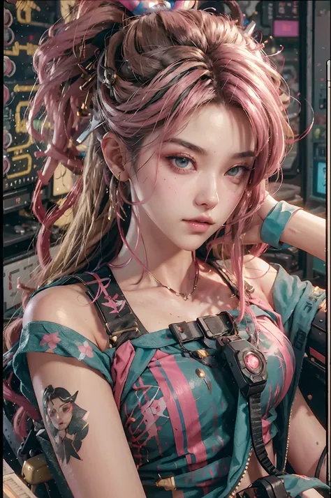 amazingly detailed, masterpiece, ultra hd, full body, dynamic angle, beautiful girl, computer gamer, gaming computer, gaming chair, playing cyberpunk 2077, neon bedroom, streamer setup, (italian:0.3, spanish:0.4, french:0.3), cyberpunk theme, wild long hai...