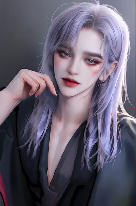 ((4K works))、​masterpiece、（top-quality)、((high-level image quality))、((One beautiful vampire woman))、Slim body、((Vampire Black Y-Shirt Fashion))、(Detailed beautiful eyes)、((Fantastic black background))、((Face similar to Chaewon in Ruseraphim))、((shoulder-l...