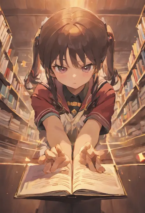 Anime brunette schoolgirl, Expose school uniforms, lendo livros，looking at book，Hold the book（high high quality，A high resolution）