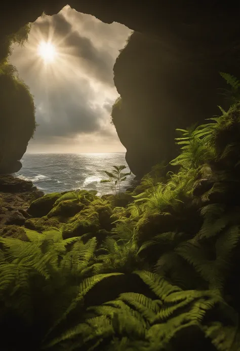 harsh light, heavy contrast, a cave with open ceiling casting sun beams on a green mosses and ferns,  and a open( view on ocean:1.1) at the bottom, cell shading render, 4k,  360 degree, equirectangular, qxj, Two skinny naked men are laying on top of eachot...