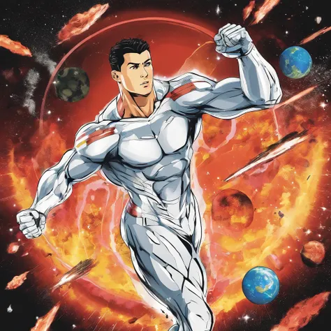 A Photograph capturing Cristiano Ronaldo in a dynamic comic book style, powerfully heading an asteroid hurtling towards Earth with his bare head. The image should showcase his strength, determination, and iconic athleticism in full display against a cosmic...