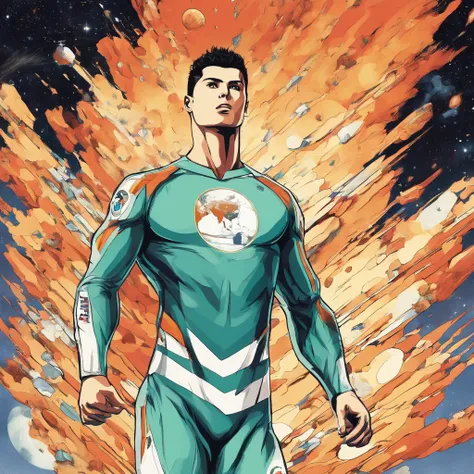 A Photograph capturing Cristiano Ronaldo in a dynamic comic book style, powerfully heading an asteroid hurtling towards Earth with his bare head. The image should showcase his strength, determination, and iconic athleticism in full display against a cosmic...