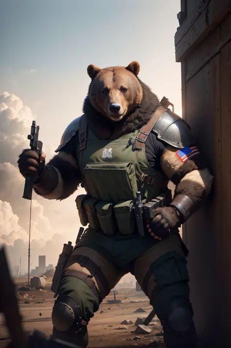 ar 2:1, Best Quality, Masterpiece, extra high resolution, (photo-realistic:1.4), RAW photo, Aggressive bear in full height, Post-apocalyptic backstory -- weapons in hand +Flag of Russia on the sleeve, Remove the wall on the right