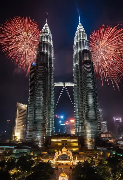 Malaysian National Day，fire works，Petronas Twin Towers in Malaysia