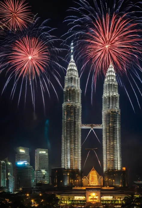 Malaysian National Day，fire works，Petronas Twin Towers in Malaysia