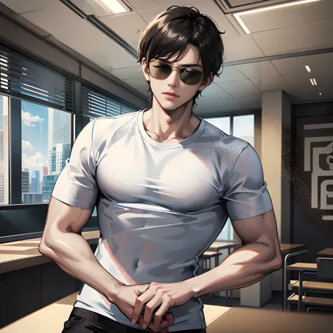 In the conference room, there is a handsome boy standing up, wearing sunglasses, eyes closed, short black hair, white T-shirt with short sleeves, super detailed, 4k, super detailed