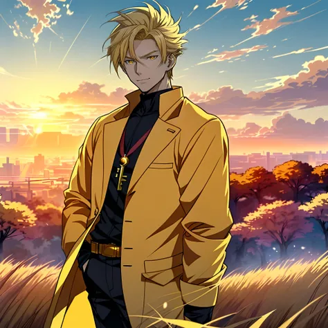 Anime boy in rye field with sunrise background, Anime handsome man，Blonde hair，yellow cat eyes，White coat, Anime portrait of a handsome man,With a sense of sacredness，Official illustration, offcial art, young anime man, Key anime art, Smooth anime CG art, ...