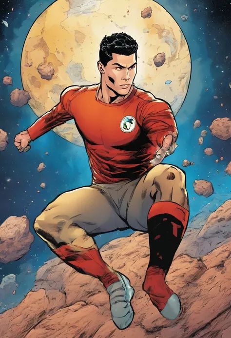 A Photograph capturing Cristiano Ronaldo in a dynamic comic book style, powerfully heading an asteroid hurtling towards Earth with his bare head. The image should showcase his strength, determination, and iconic athleticism in full display against a cosmic...