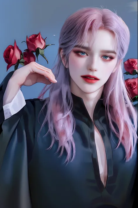 ((4K works))、​masterpiece、（top-quality)、((high-level image quality))、((One beautiful vampire woman))、Slim body、((Vampire Black Y-Shirt Fashion))、(Detailed beautiful eyes)、((Red roses and crows isolated on black background))、((Face similar to Chaewon in Rus...