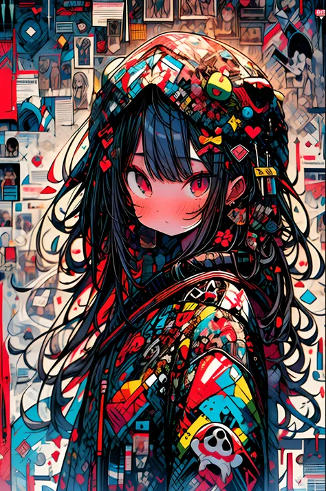 red sky,long hair,gustav klimt,religious art,death,hell ,blood,wearing a very short and very hot lace underclothes,lolitaoutfit,anime style,realism,3D,8k,Unreal Engine,2girl,yuri,graffiti art,text logo,high contrast,flat illustrations,minimalist,full body,...