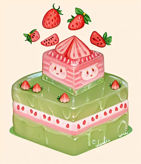 Cartoon image of a piece of cake，There is a piece of meat on it, 🐿🍸🍋, cutecore, lofi, watermeloncore, tatsumaki, anime food, pastel cute slime, Kawaii Yoda icon, 🎀 🧟 🍓 🧚, shirabii, strawberry ninja, resin, the greatest cake, strawberry embellishment