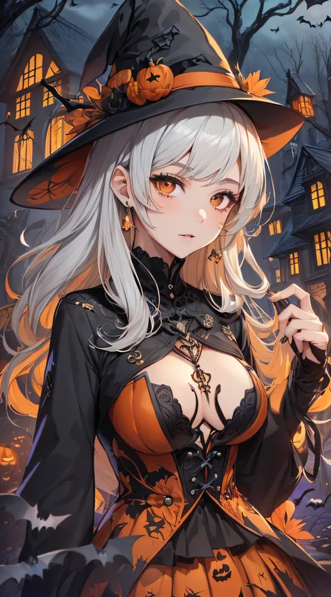 top-quality、Top image quality、​masterpiece、teens girl((18year old,Black Wizard Hat、Black and orange sexy clothes,Orange and black skirt、Orange muffler,Best Bust、Bust 85、blonde  hair、Longhaire,silver eye、open chest wide、Valley、Happiness、A slender、Blood coat...