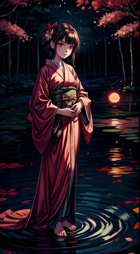 (pond:0.6),(sand road:0.4),(A large amount of red spider lilies in full bloom:0.4),(a girl:0.1)
(masterpiece), best quality, expressive eyes, perfect face, Late at night, a woman wearing a kimono is standing alone on the shore of a pond with the red moon a...