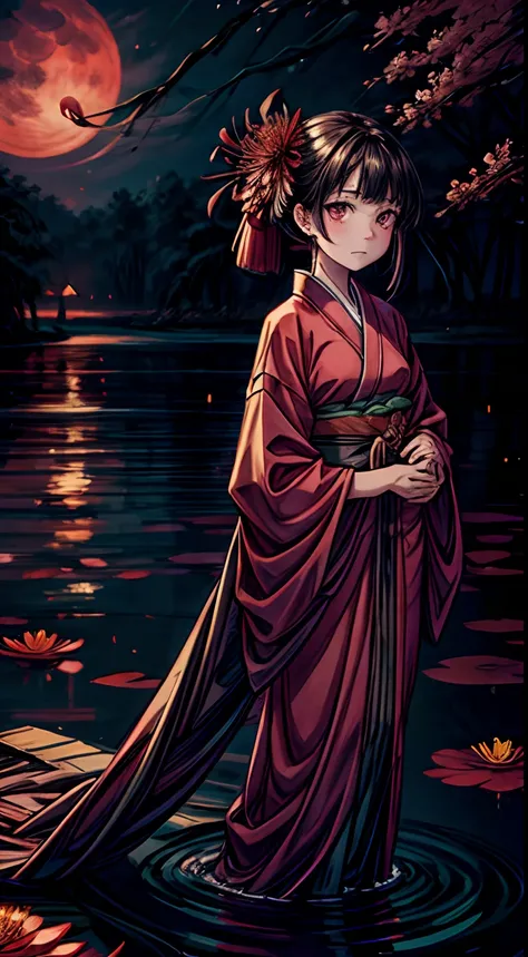 (pond:0.6),(sand road:0.4),(A large amount of red spider lilies in full bloom:0.4),(a girl:0.1)
(masterpiece), best quality, expressive eyes, perfect face, Late at night, a woman wearing a kimono is standing alone on the shore of a pond with the red moon a...