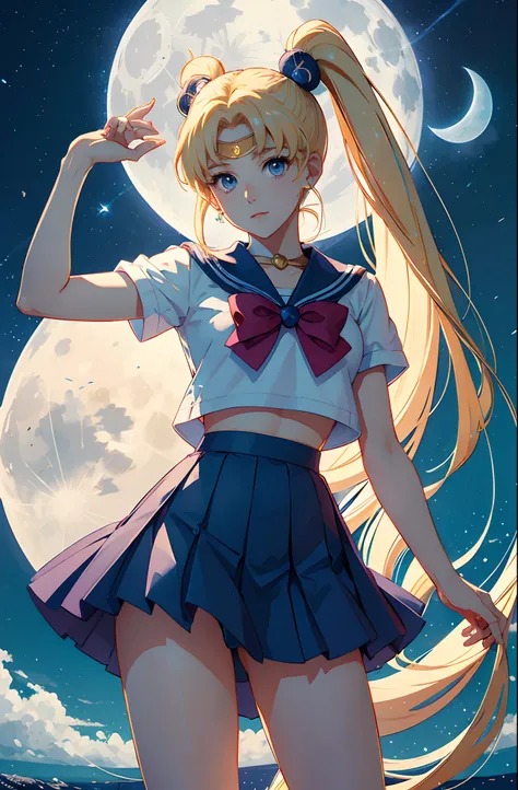 (ultra high quality) (hand drawn) Sailor Moon standing on a reflective surface with the bright white moon visible in the distant sky. her skirt is blue and her top is white and blue schoolgirl top. Her blonde hair is done up in two very long ponytails