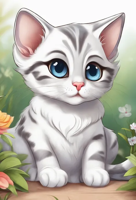 cute cat with big eyes, coloring page, Pixar style cartoon, no background