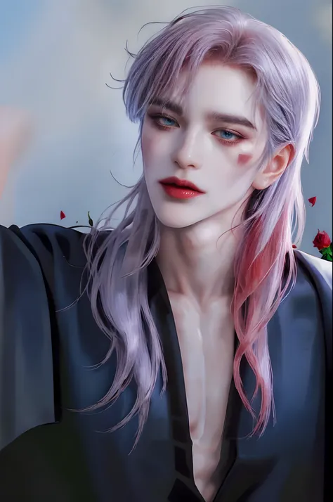 ((4K works))、​masterpiece、（top-quality)、((high-level image quality))、((One beautiful vampire woman))、Slim body、((Vampire Black Y-Shirt Fashion))、(Detailed beautiful eyes)、((Red roses and crows isolated on black background))、((Face similar to Chaewon in Rus...