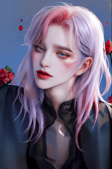 ((4K works))、​masterpiece、（top-quality)、((high-level image quality))、((One beautiful vampire woman))、Slim body、((Vampire Black Y-Shirt Fashion))、(Detailed beautiful eyes)、((Red roses and crows isolated on black background))、((Face similar to Chaewon in Rus...