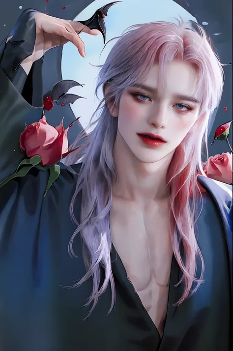 ((4K works))、​masterpiece、（top-quality)、((high-level image quality))、((One beautiful vampire woman))、Slim body、((Vampire Black Y-Shirt Fashion))、(Detailed beautiful eyes)、((Red roses and crows isolated on black background))、((Face similar to Chaewon in Rus...