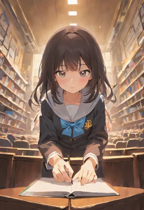 Anime brunette schoolgirl, Expose school uniforms, lendo livros，looking at book，Hold the book（high high quality，A high resolution）