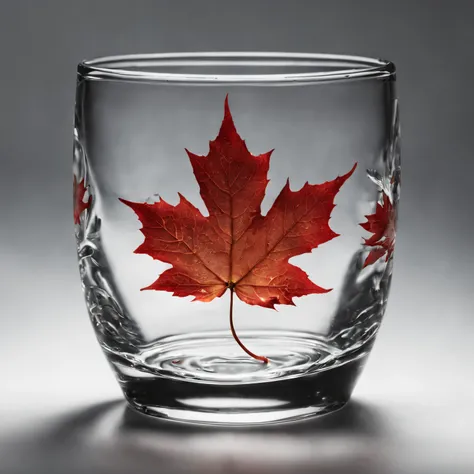 red maple leaves floating on the transparent sake poured in the shot glass, Spotlight, (Masterpiece), (Best Quality), (Ultra high Detailed), intricate details, intricate detail texture, HDR